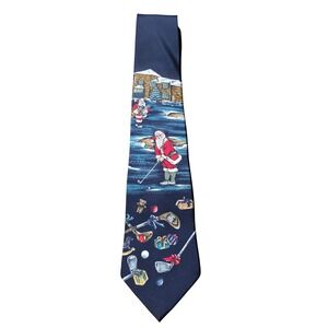 Vintage Requirements Mens Silk Tie Navy Blue Santa Claus Golfing Christmas